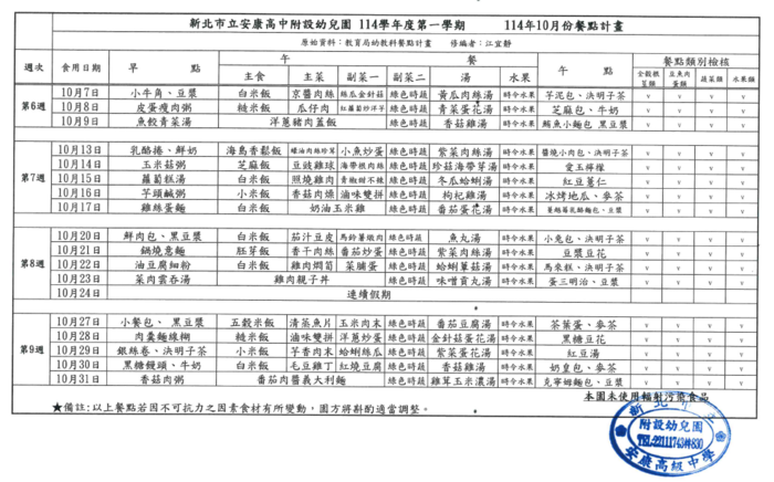【幼兒園公告】114學年度10月餐點表圖片