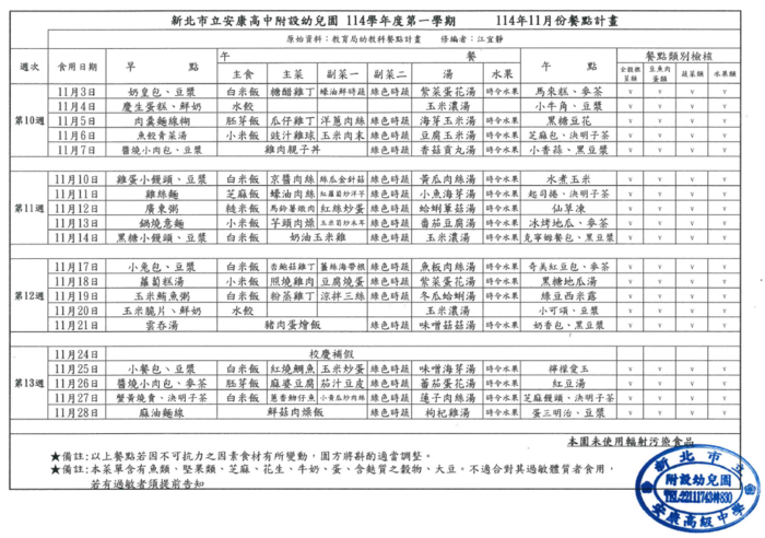 【幼兒園公告】114學年度11月餐點表圖片