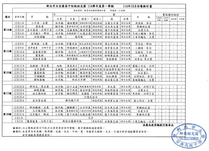 【幼兒園公告】114學年度12月餐點表圖片