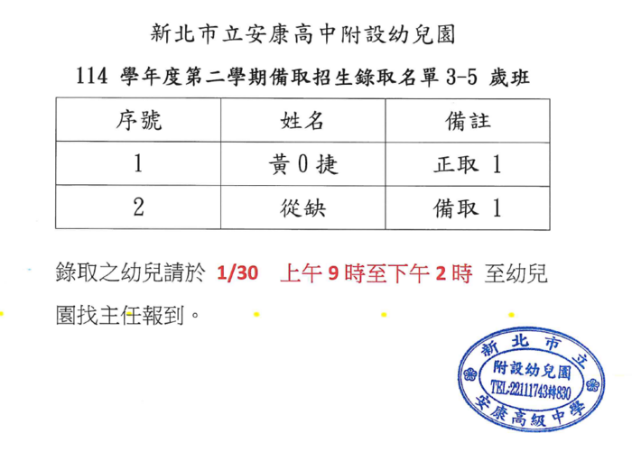 114學年度第二學期幼生缺額招生錄取名單公告