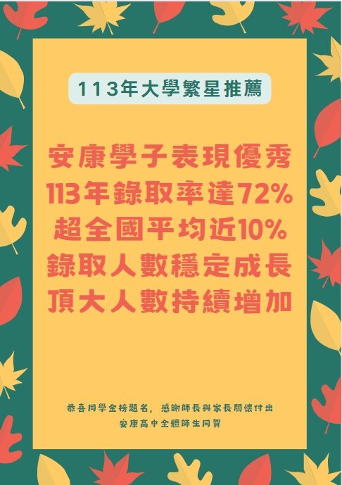 【升大學】安康高中113年繁星推薦表現優秀，頂尖大學錄取人數持續增加中!圖片
