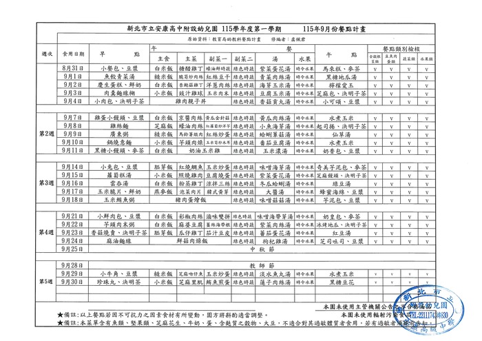 115.09月餐點表