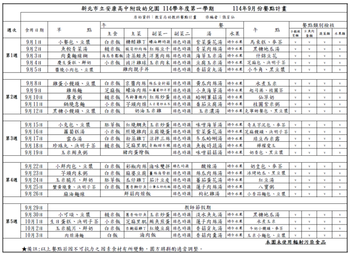 【幼兒園公告】114學年度9月餐點表圖片