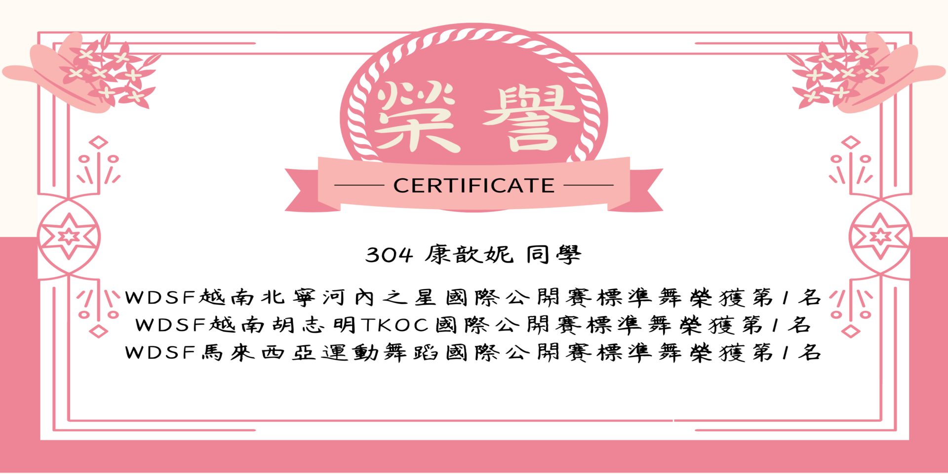 連結到康歆妮同學參加WDSF國際公開賽標準舞榮獲第1名